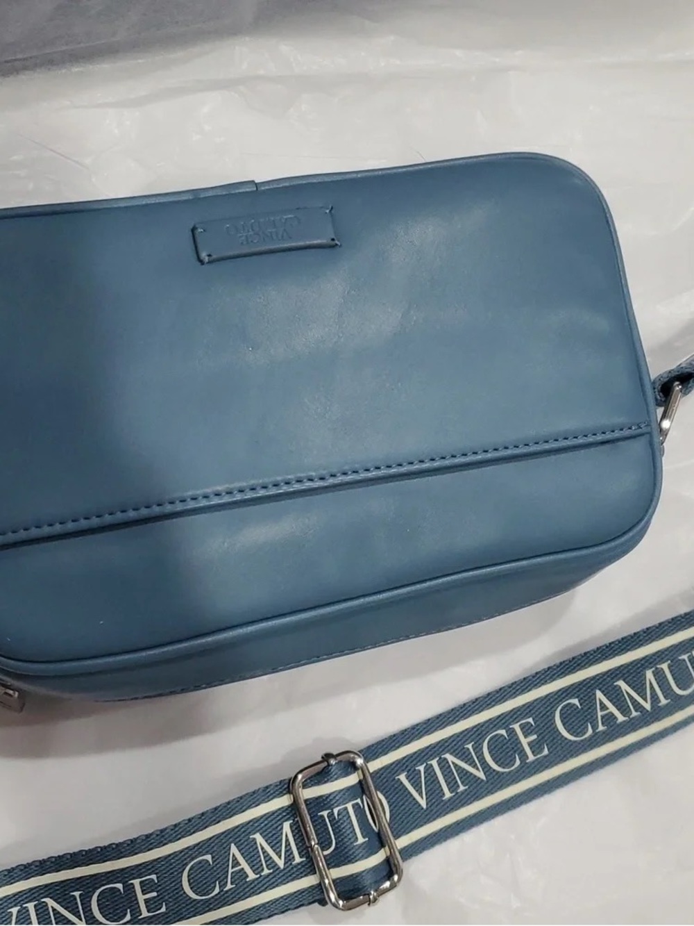 Vince Camuto Blue Leather Crossbody with Branded Woven Strap